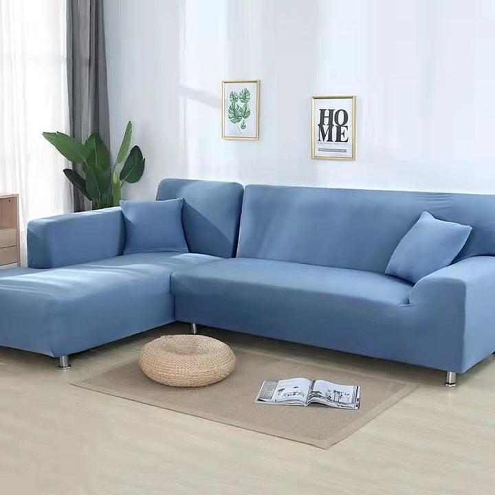 Stretch fabric sofa cover, elastic slipcover for living room furniture, available in various colors.