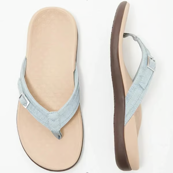 Top-down view of women's adjustable comfort sandals, showing strap detail and arch support for summer beachwear.