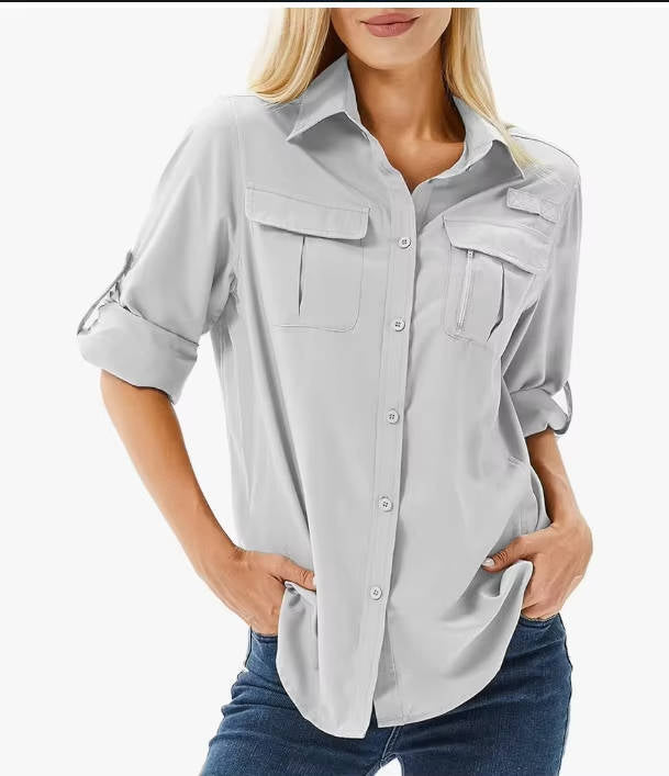 Versatile women's UPF 50 long sleeve adventure shirt, breathable outdoor wear for hiking & travel.