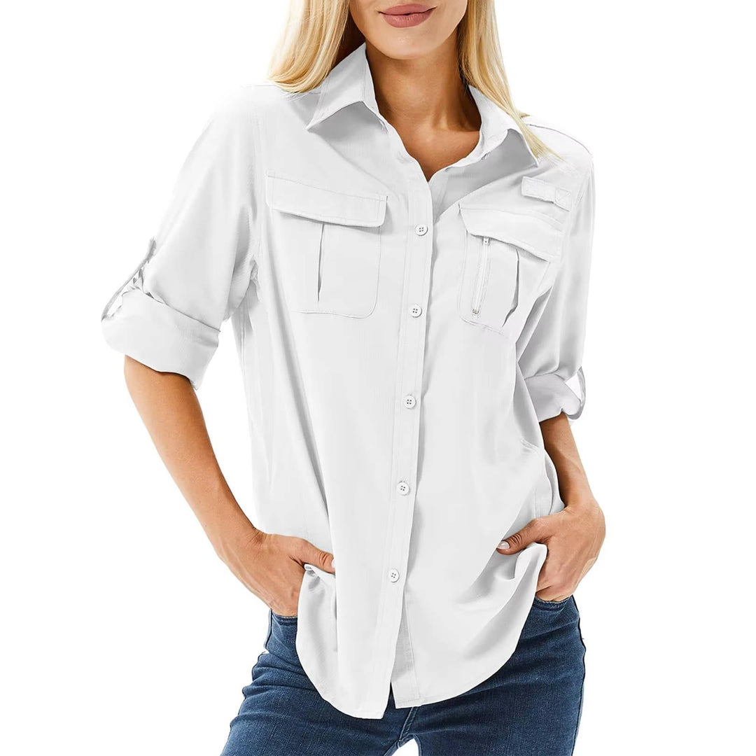 Women's UPF 50 long sleeve hiking & fishing shirt, breathable outdoor travel top for sun protection.