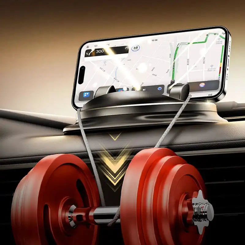 Adjustable car phone mount securely attached to a car dashboard, offering 360-degree rotation for optimal viewing.
