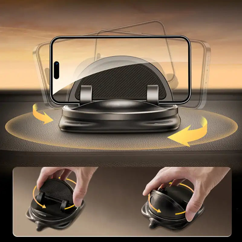 Secure car phone holder attached to an air vent, featuring 360° rotation for universal, hands-free smartphone use.