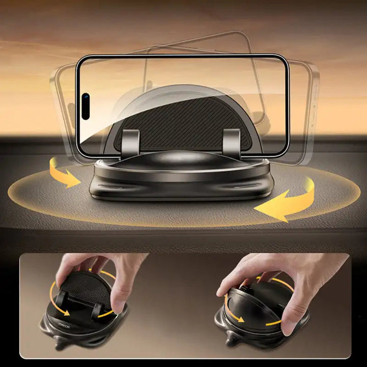 Secure car phone holder attached to an air vent, featuring 360° rotation for universal, hands-free smartphone use.