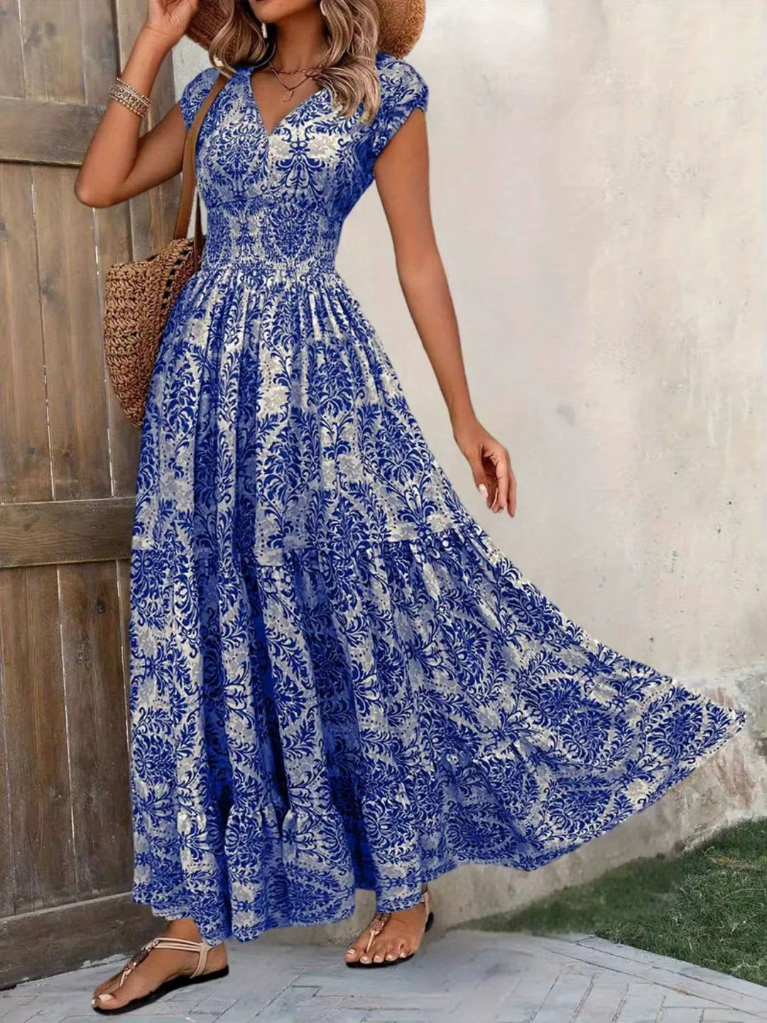Women's Boho Smocked Waist Maxi Dress