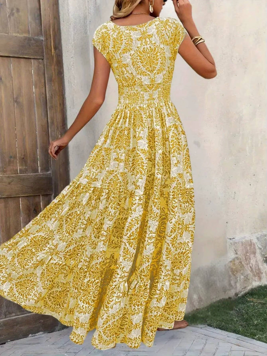 Women's Boho Smocked Waist Maxi Dress