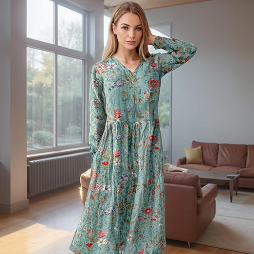 Women's vibrant green midi dress with relaxed fit, perfect for casual summer fashion & everyday wear.