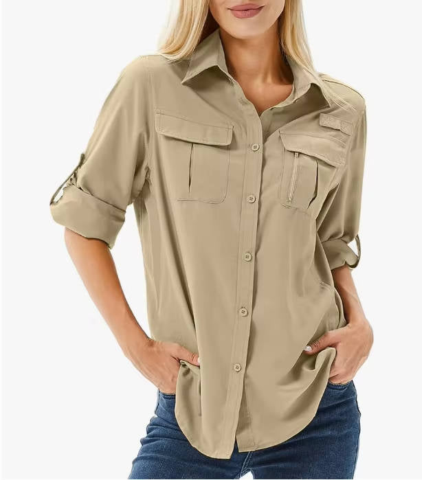 Women's activewear long sleeve UPF 50 shirt, sun protection for hiking, fishing & outdoor pursuits.