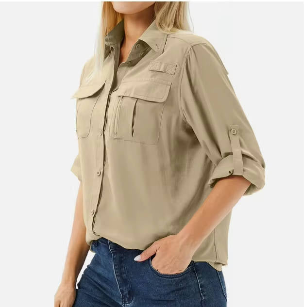 Durable women's UPF 50 long sleeve outdoor shirt, trail-ready activewear for sun-safe adventures.