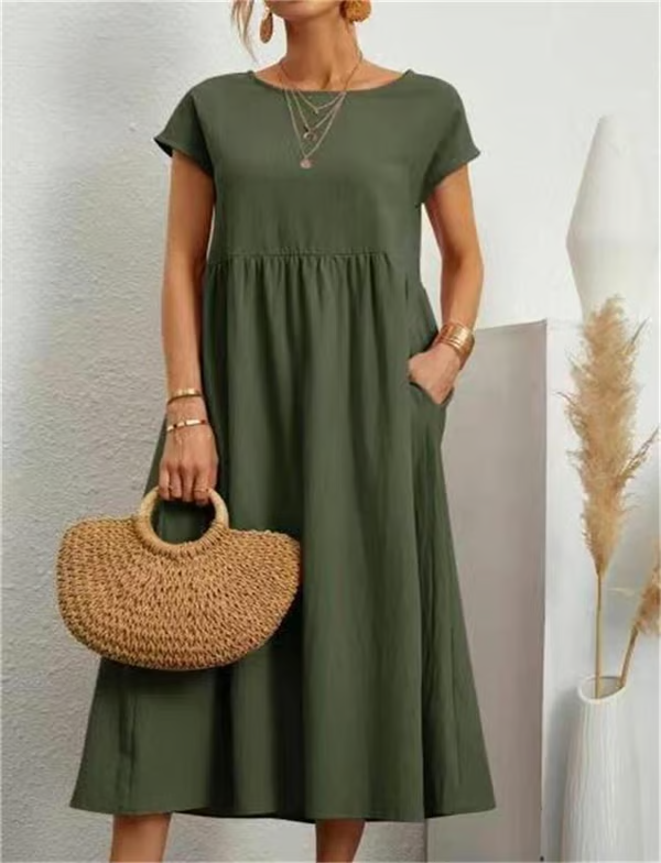 Simple crew neck sleeveless A-line dress for women, a solid color staple for summer casual wear.