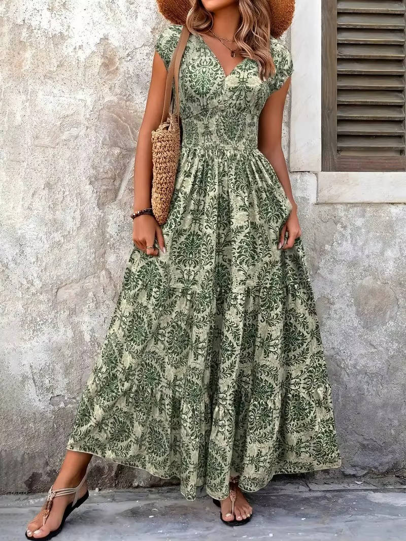 Women's Boho Smocked Waist Maxi Dress