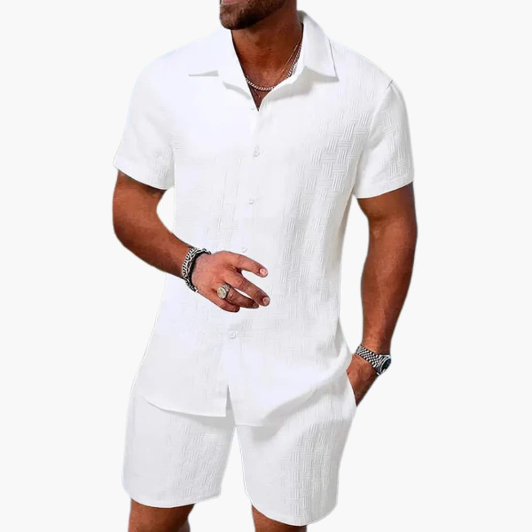 Men's 2-piece short sleeve shirt & shorts set. Perfect casual summer outfit for warm weather, easy vacation style.
