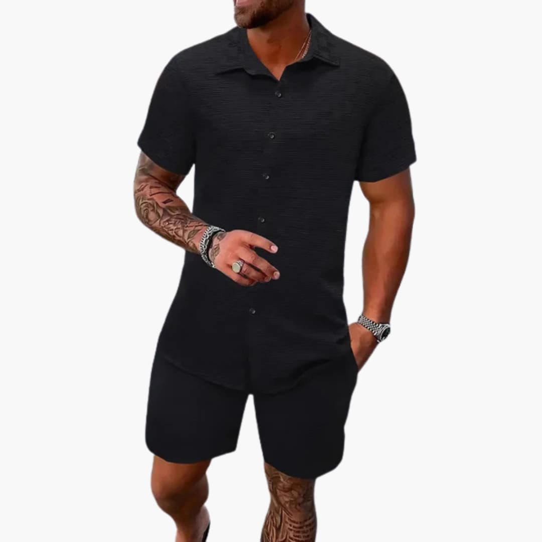 Lightweight men's matching short sleeve shirt & shorts set. Ideal casual wear for beach or summer fashion.