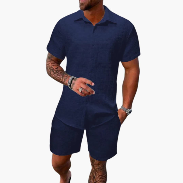 Men's collared short sleeve shirt & shorts 2-piece set. Stylish and comfortable summer outfit for men's fashion.