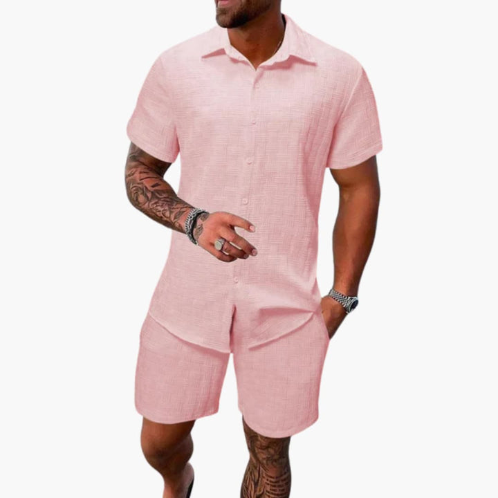 Versatile men's two-piece set: short sleeve shirt & shorts. Great for casual wear, vacation, or summer beach attire.