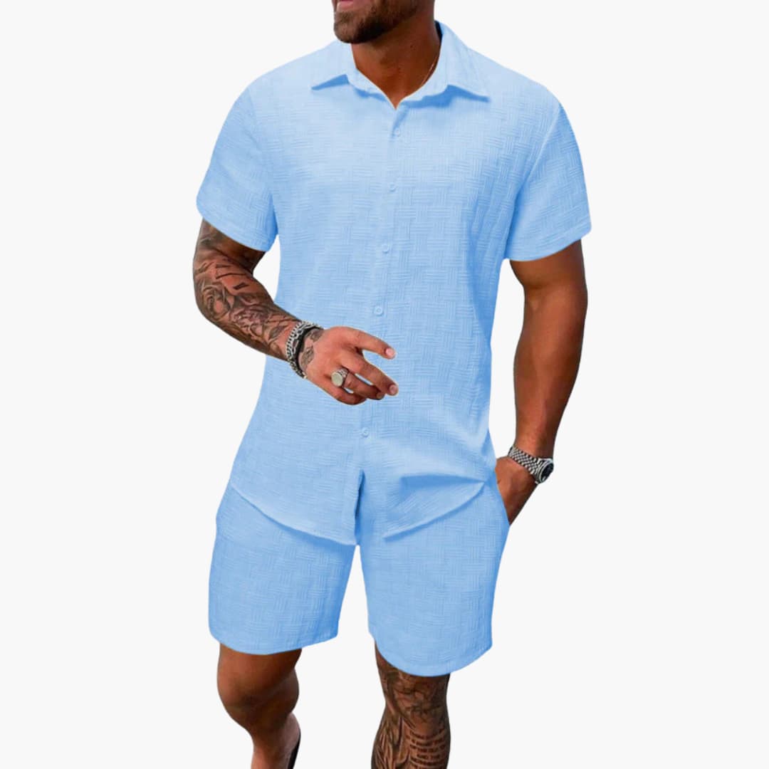 Relaxed fit men's summer matching set: short sleeve shirt & shorts. Easy, stylish men's apparel for warm weather.