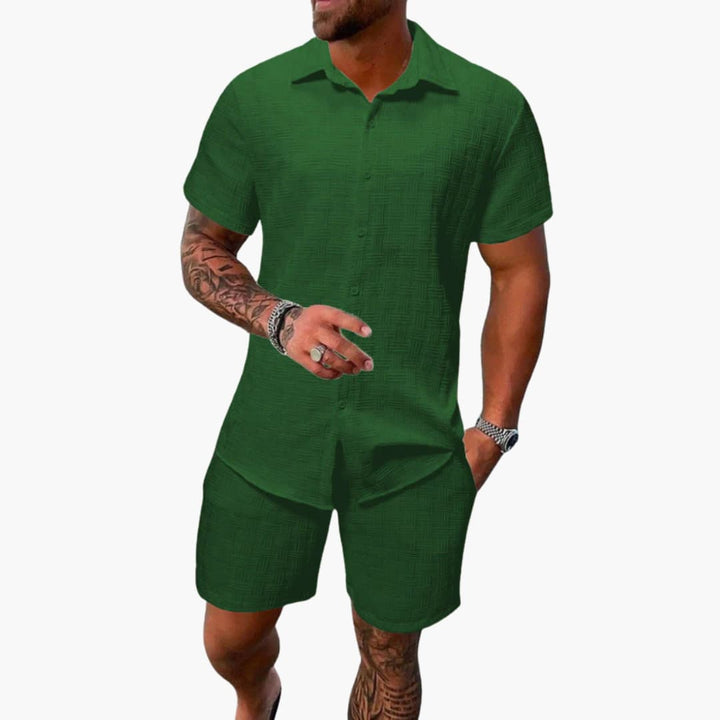 Trendy men's short sleeve shirt & shorts two-piece set. Effortless casual summer outfit for a complete warm weather look.
