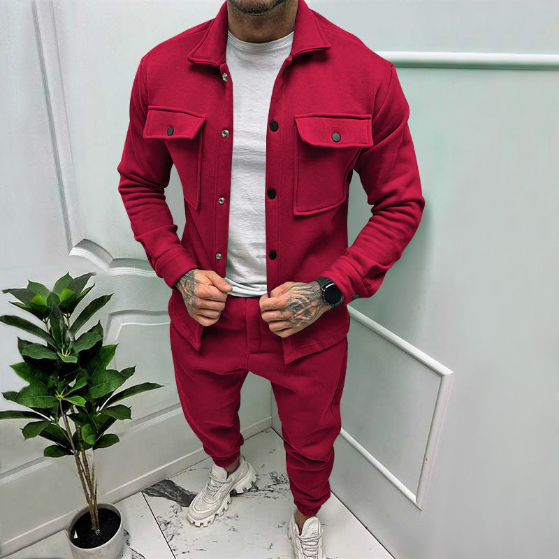 Men's coordinated button-up tracksuit set with joggers for casual style & comfort.
