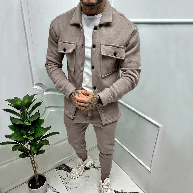 Men's button-up tracksuit set featuring comfortable jogger pants, ideal for everyday casual wear.