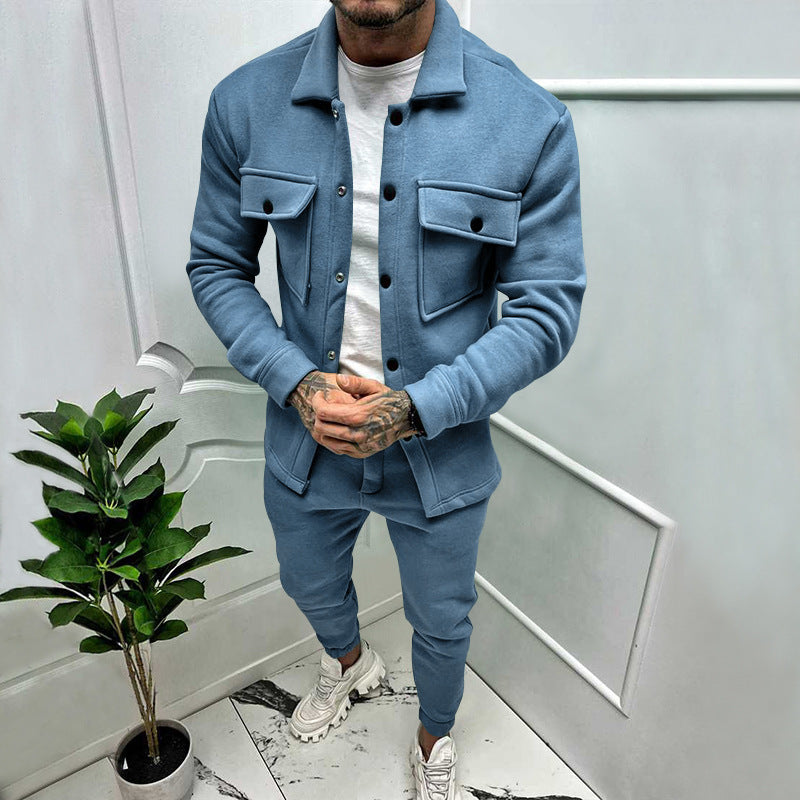 Stylish coordinated men's button-up tracksuit set: top & jogger pants for versatile fashion.