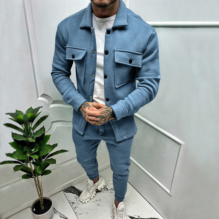 Stylish coordinated men's button-up tracksuit set: top & jogger pants for versatile fashion.