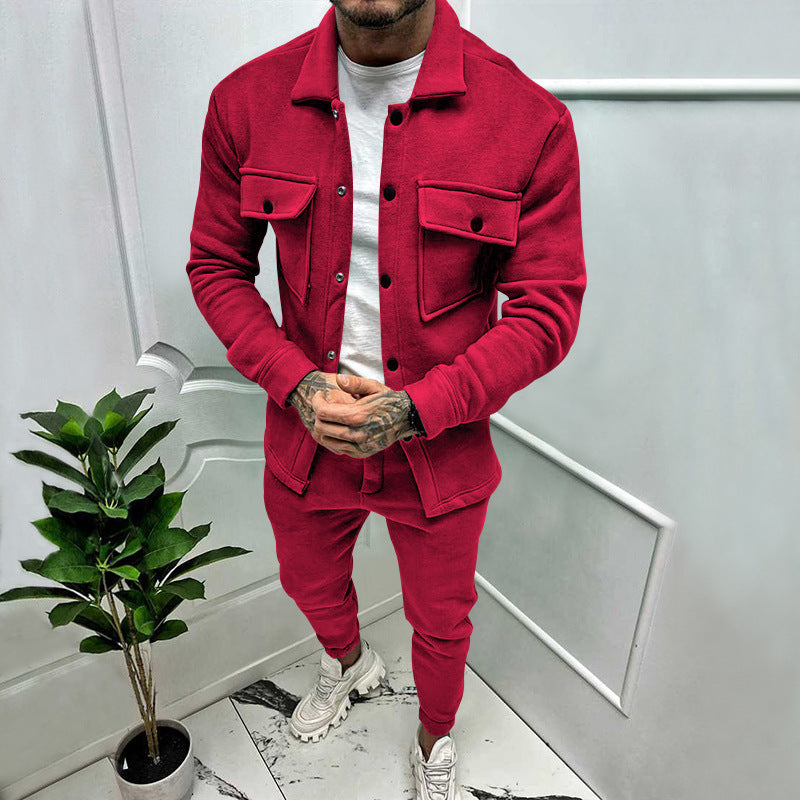 Men's comfortable button-up tracksuit set. Matching top & joggers for casual or athletic wear.