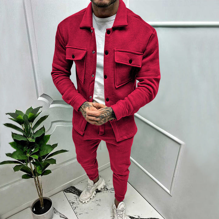 Men's comfortable button-up tracksuit set. Matching top & joggers for casual or athletic wear.