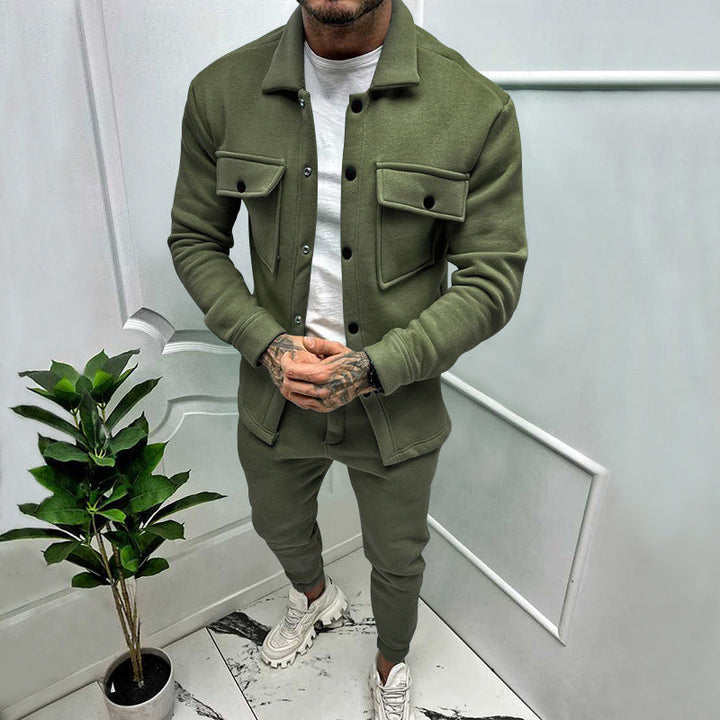 Stylish men's button-up tracksuit top & matching jogger pants, perfect for versatile fashion.