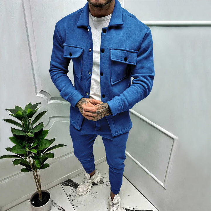 Comfortable men's lounge wear button-up tracksuit set; top & joggers for relaxed style.