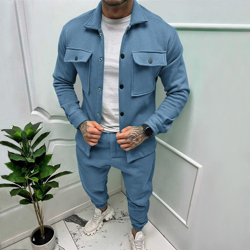 Modern men's streetwear button-up tracksuit set with a trendy top and comfy jogger pants.