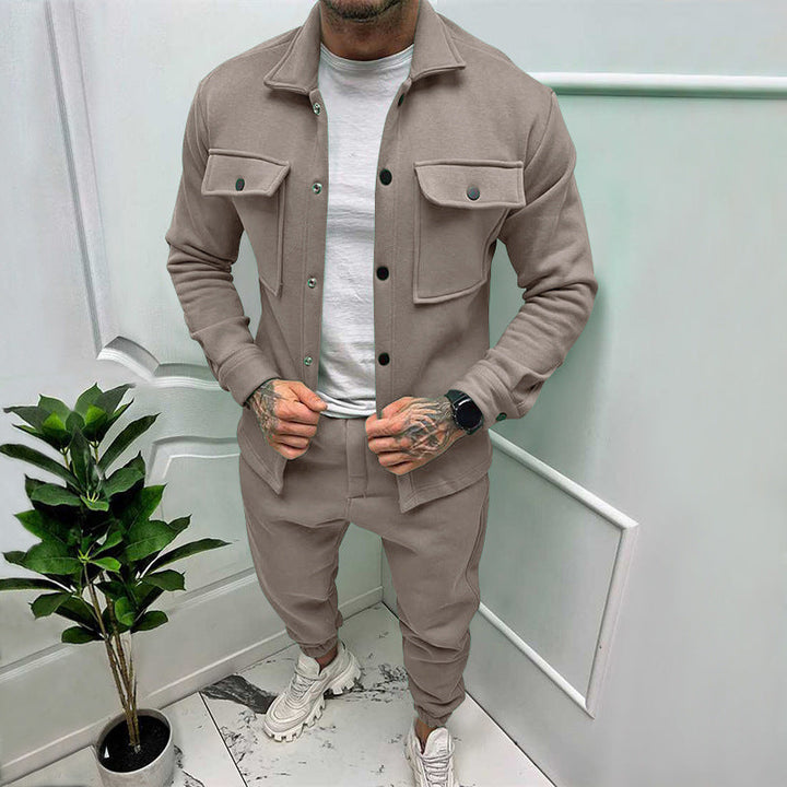 Matching men's button-up tracksuit set, including a long-sleeve top & sleek jogger bottoms.