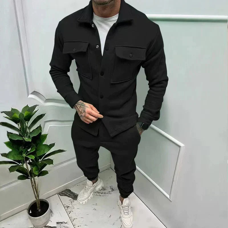 Versatile men's button-up tracksuit set, great for jogging, casual outings, or lounging.