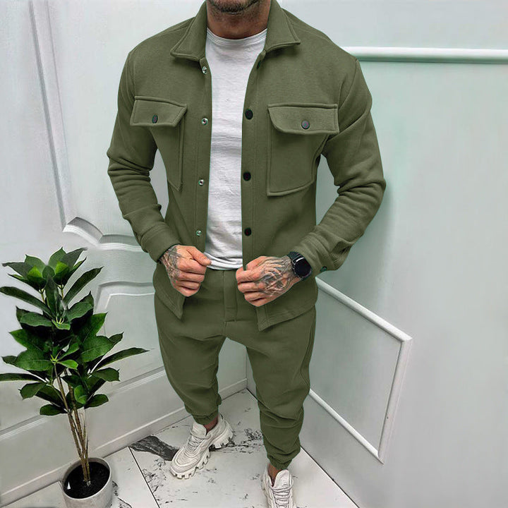 Soft fabric men's casual button-up tracksuit set with joggers, offering ultimate comfort & style.