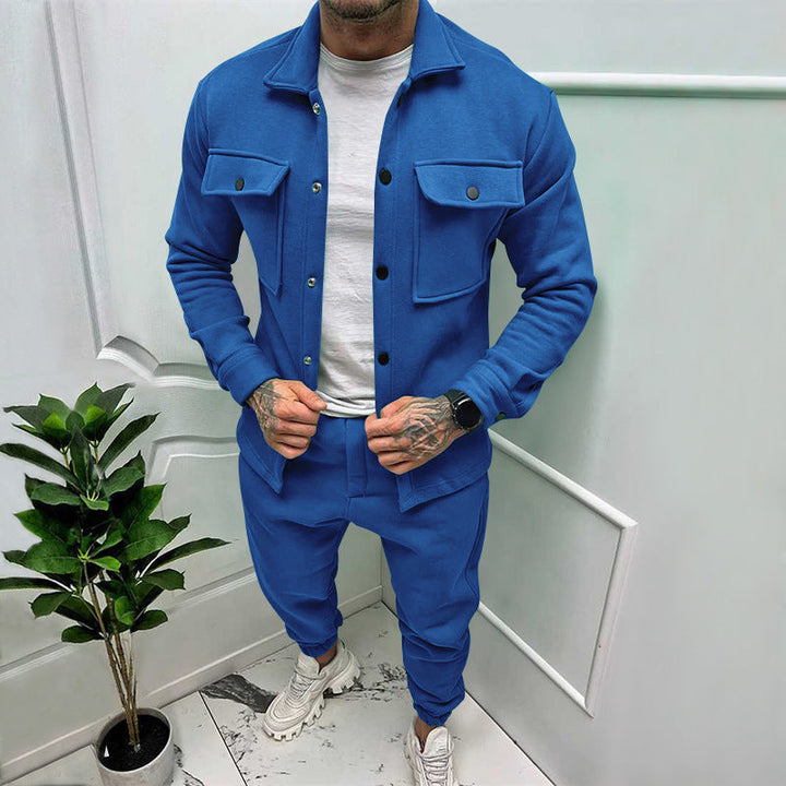 Fashionable men's button-up tracksuit set with modern jogger pants for effortless style.
