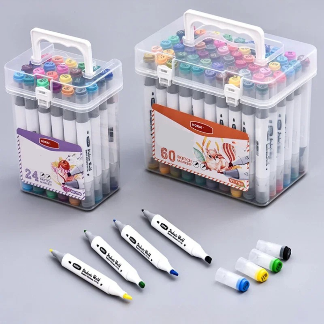 Complete set of dual-tip washable coloring pens, essential art supplies for artists, students & hobbyists.