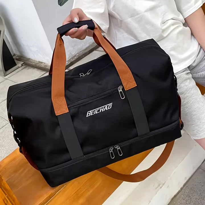 Spacious unisex travel duffle bag, durable luggage with a dedicated shoe compartment for organized packing.
