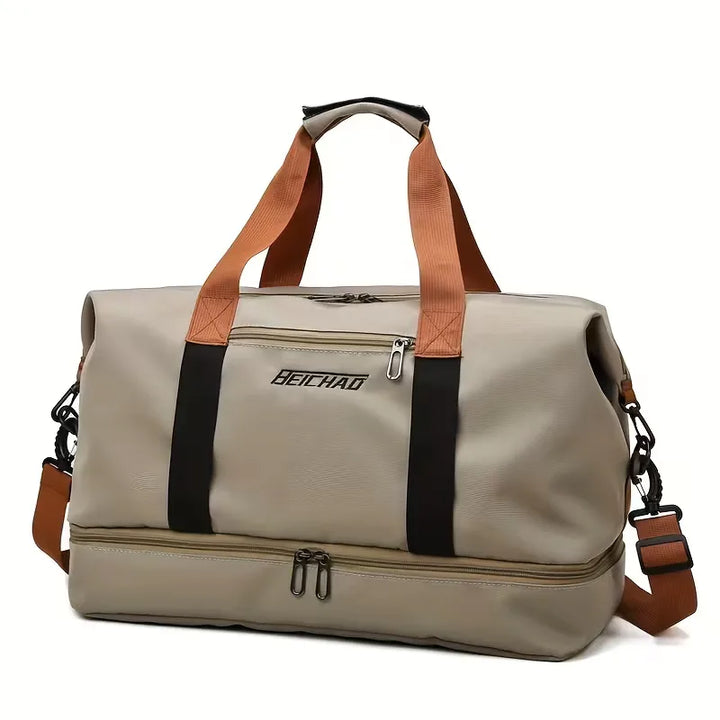 Versatile gym or weekend duffle bag, unisex design with a convenient separate shoe compartment for sports gear.