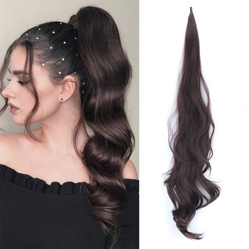 Secure wrap ponytail hair extension for women, delivering instant wavy volume, fullness, and long hair beauty.
