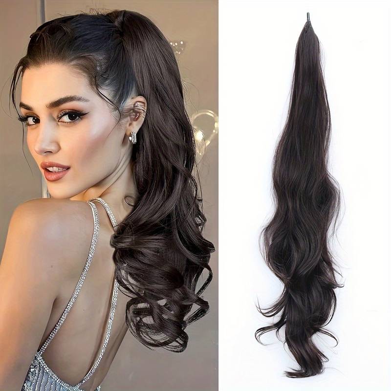 Wavy hair extension ponytail for women, a flexible wrap hairpiece offering instant volume & elegant long hair.