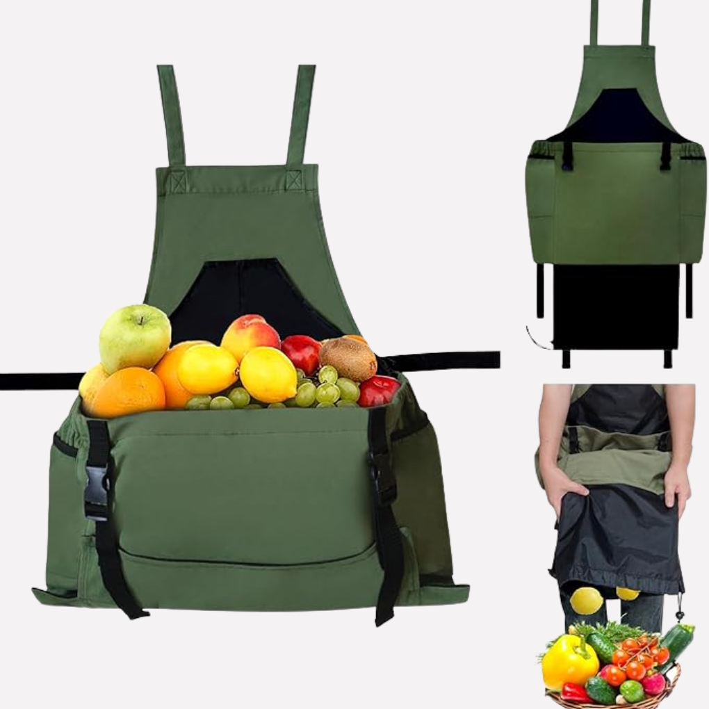Durable green garden apron with multiple pockets for easy tool organization during outdoor work.