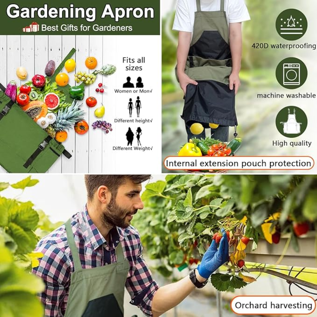 Keep gardening tools handy with this heavy-duty green work apron, perfect for yard work and gardening accessories.