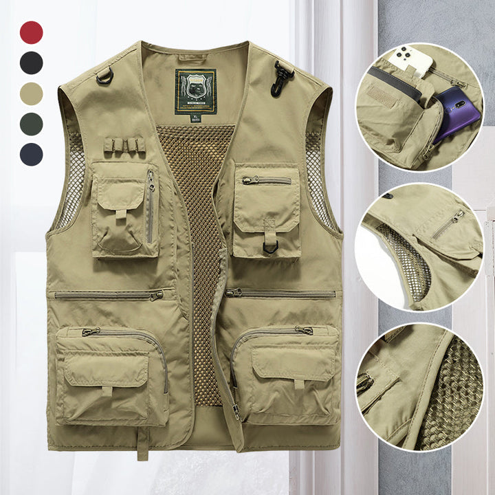 Adjustable men's military-style tactical vest for hunting, fishing, and survival. Rugged outdoor gear.