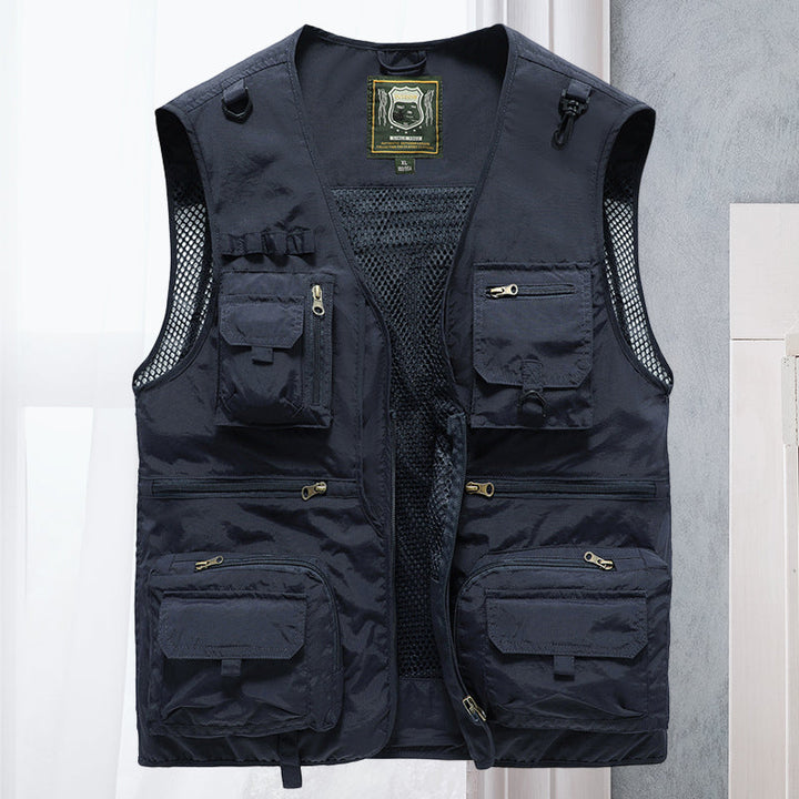 Front view of a rugged, multi-pocket men's tactical vest, ActionGuard, designed for active outdoor use.