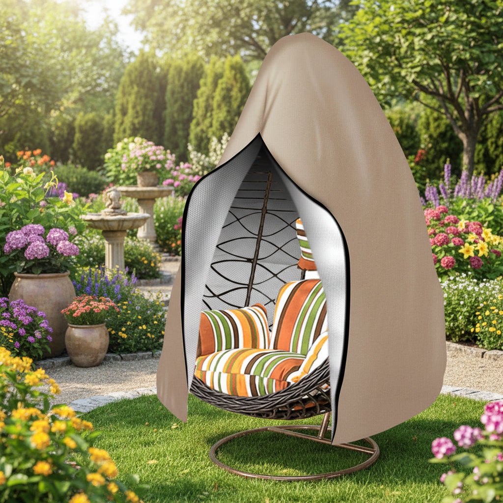 Durable egg chair cover with secure fit, ideal for all-weather outdoor patio & garden furniture protection.