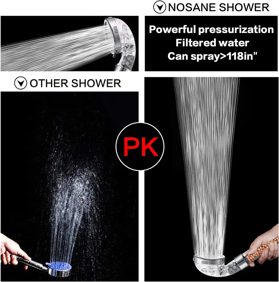 Unisex high-pressure shower head with water filter for effective chlorine removal.
