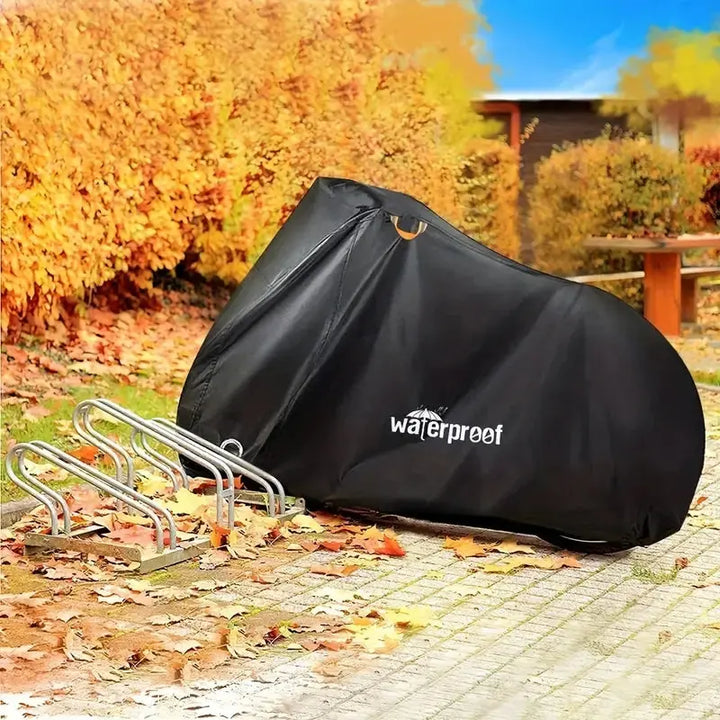 Heavy-duty, weather-resistant bicycle cover ensures bike security & protection from rain, dust, UV rays outdoors.