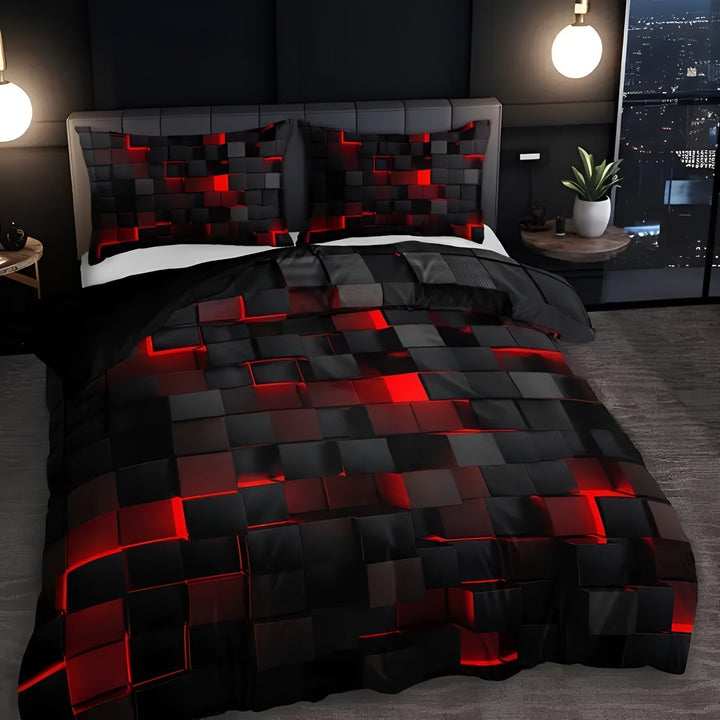 Modern geometric duvet cover set with matching pillow shams, perfect for stylish bedroom decor.