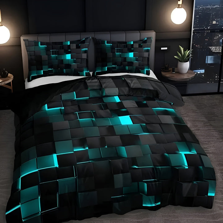 Complete modern bedding set with duvet cover and shams, enhancing contemporary bedroom comfort.