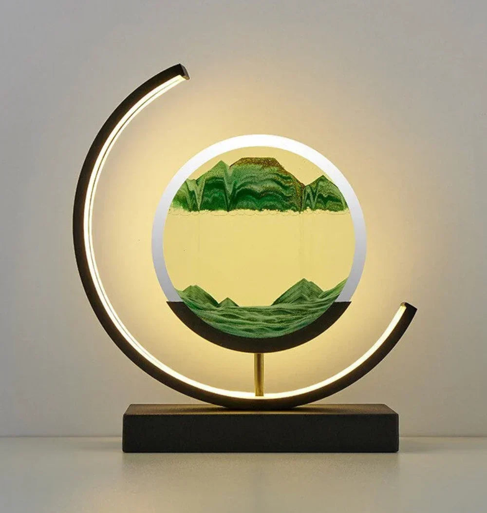 Dynamic sand art lamp creating relaxing moving landscapes for home decor. Serene mood lighting.