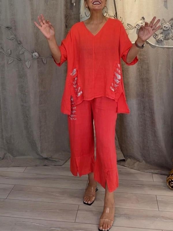 Women's V-Neck Top & Wide Leg Pants Set