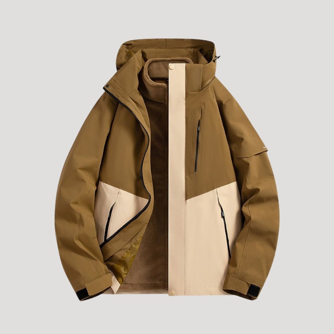 Modern unisex waterproof hooded outdoor jacket. All-season protective coat for versatile daily wear & adventure.